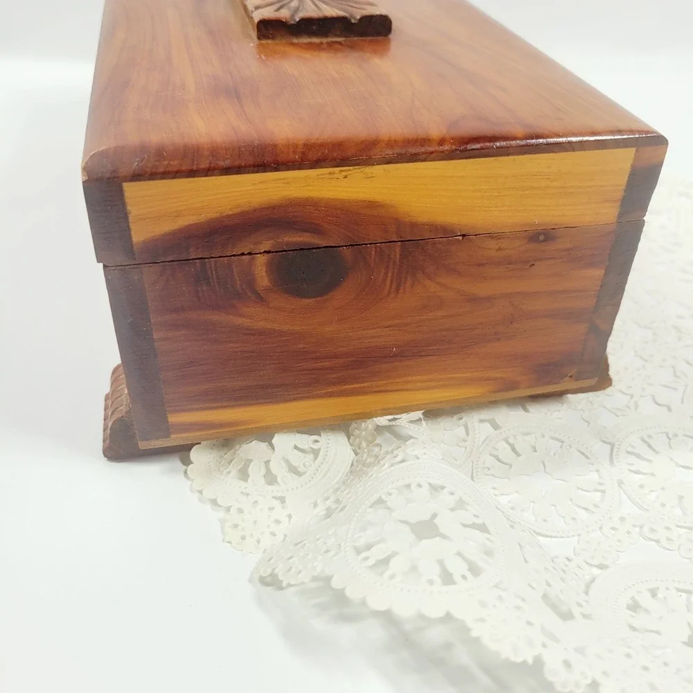 Vintage Carved Cedar Wood Jewelry Trinket Box With Mirror & Feet